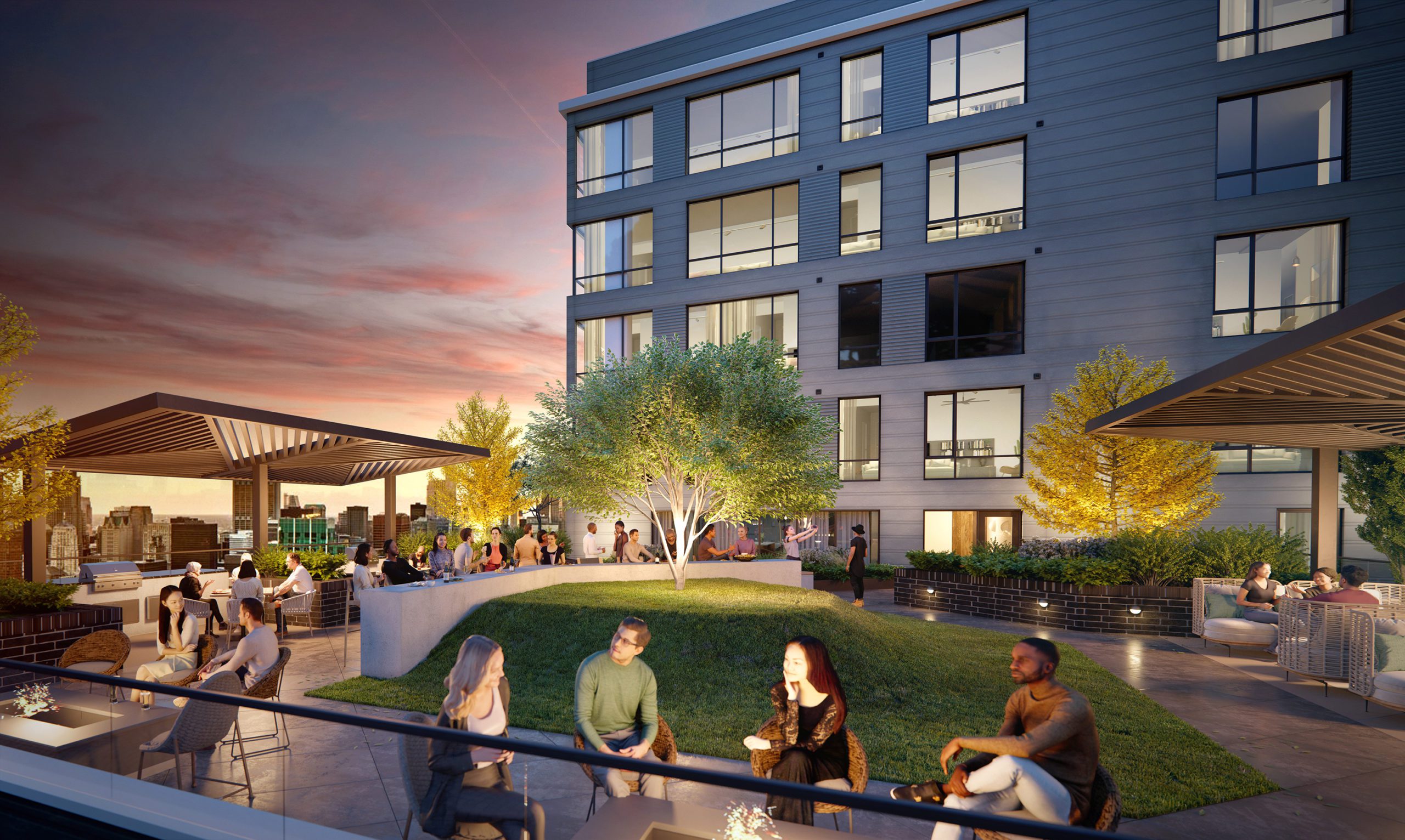 Highland North Hills terrace at sunset rendering