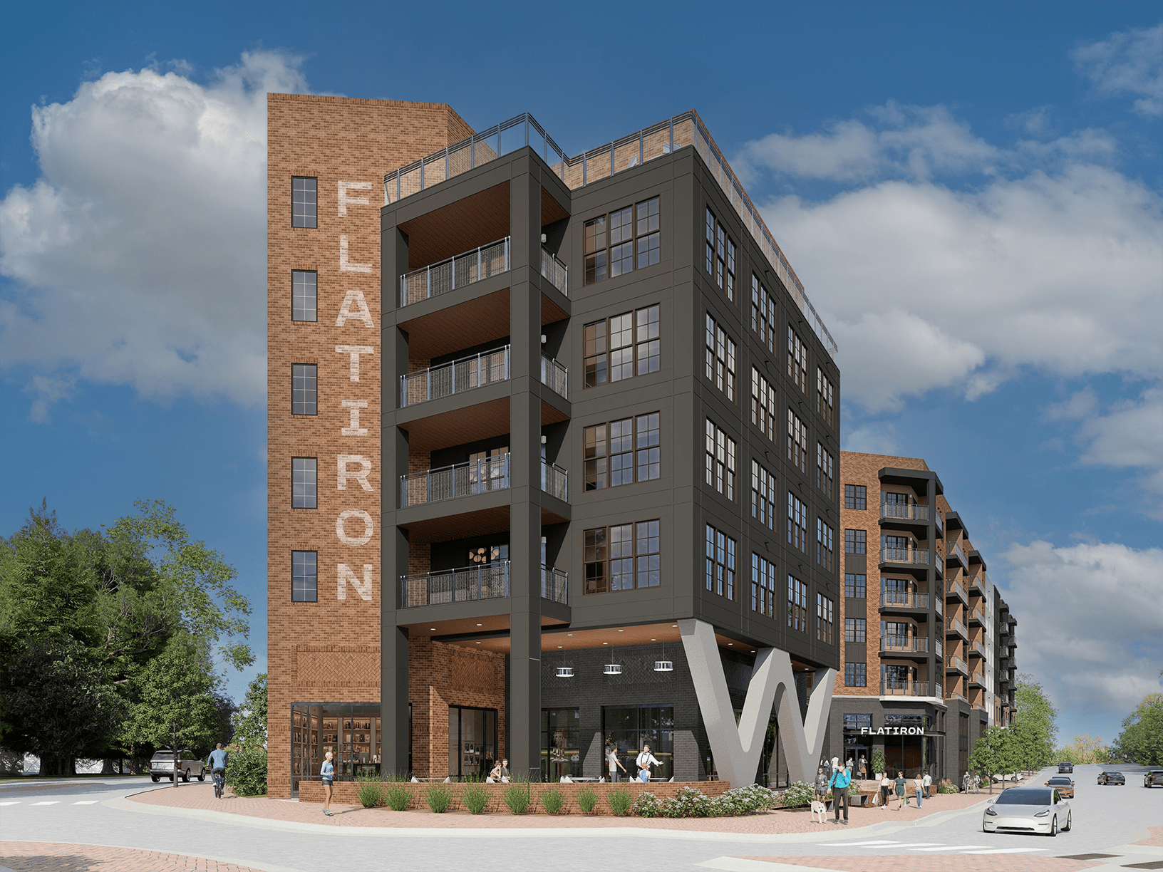 Corner view of Flatiron mixed-use development